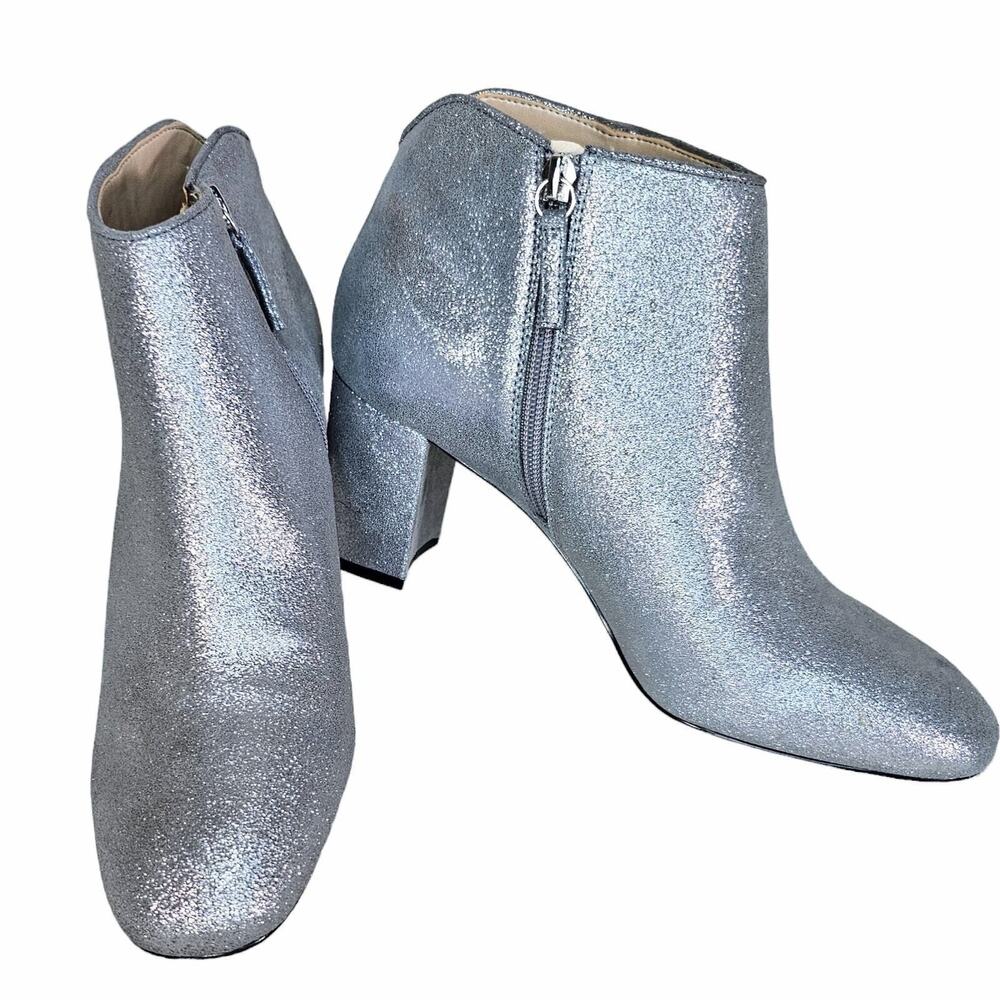 WHBM Harper Silver Shimmer Leather Ankle Boots Block Heel Zip Women's Size 9.5